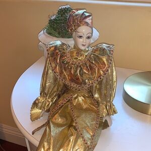 Vintage Porcelain Gold and Bronze Harlequin or Jester Doll